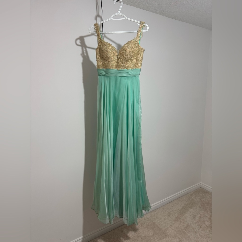 La Femme Mint and Gold Formal Dress